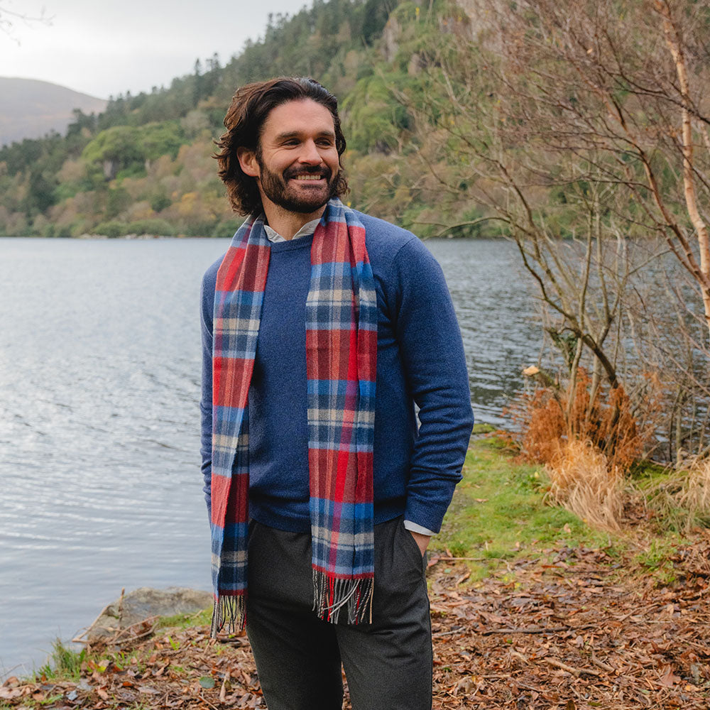 Merino Luxury Wool Scarf Wine Blue Sky Silver Check